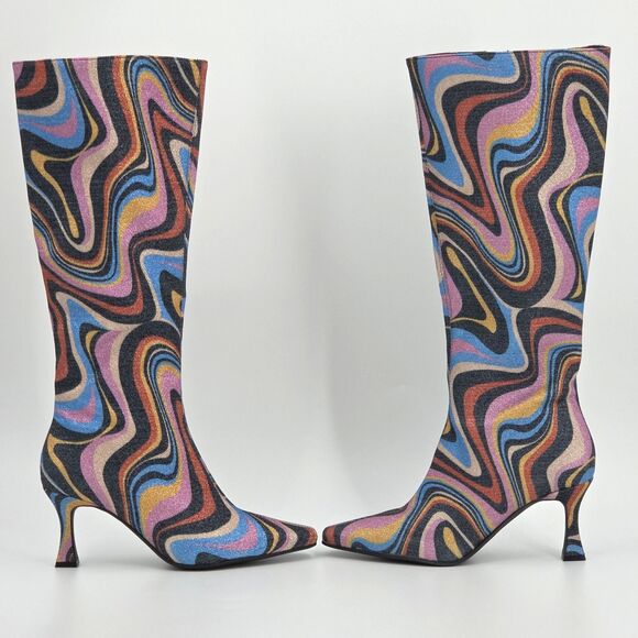 Gianni Bini Cat Walk 2 Glitter Mod Swirl  Tall Boots Womens Size 8 Disco 70s - Picture 2 of 11